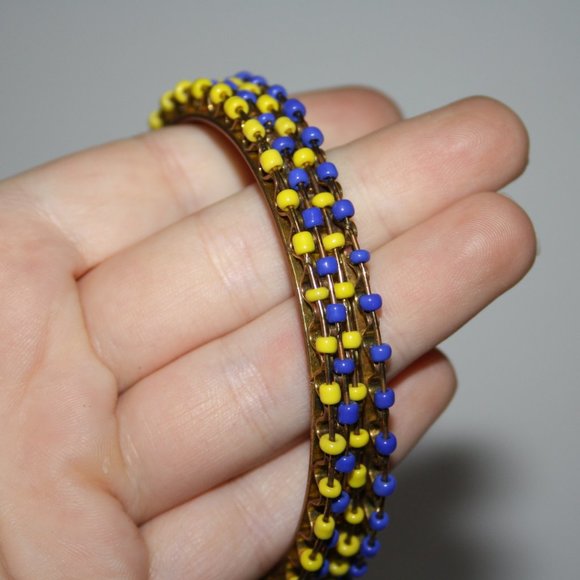 💛🔵 Beautiful Gold, Yellow + Blue Bangle Set (2⅝" Wide) 🔵💛 - Picture 3 of 4